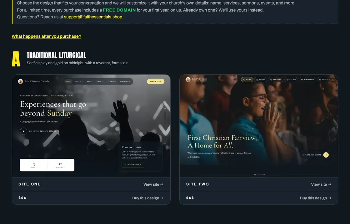 The Faith Essentials portfolio, showing two complete church website designs side by side with View site and Buy this design links.