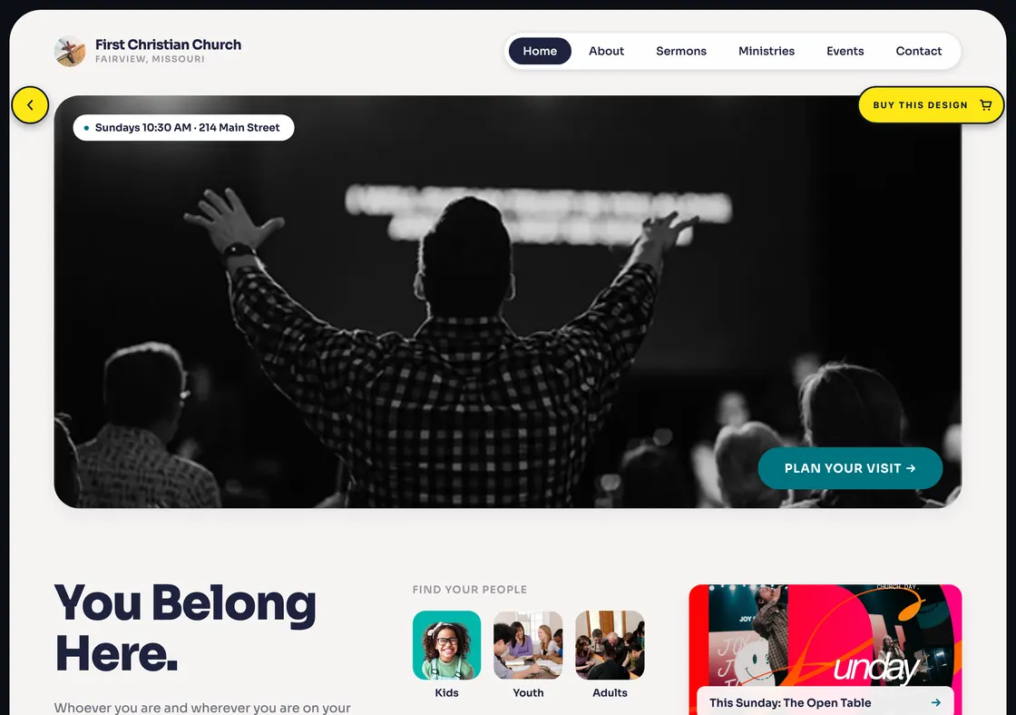 A church website demo with the yellow Buy this design tab unfolded in the top right corner.