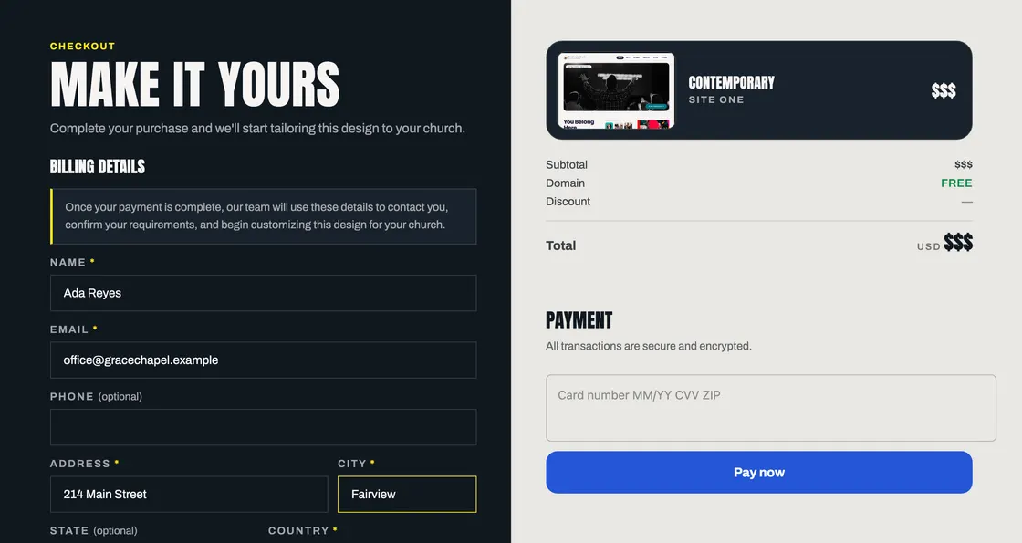 The checkout page: billing details on the left, an order summary and card field on the right.
