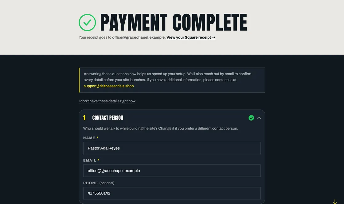 The confirmation page reading Payment complete, with a link to the Square receipt above the setup form.